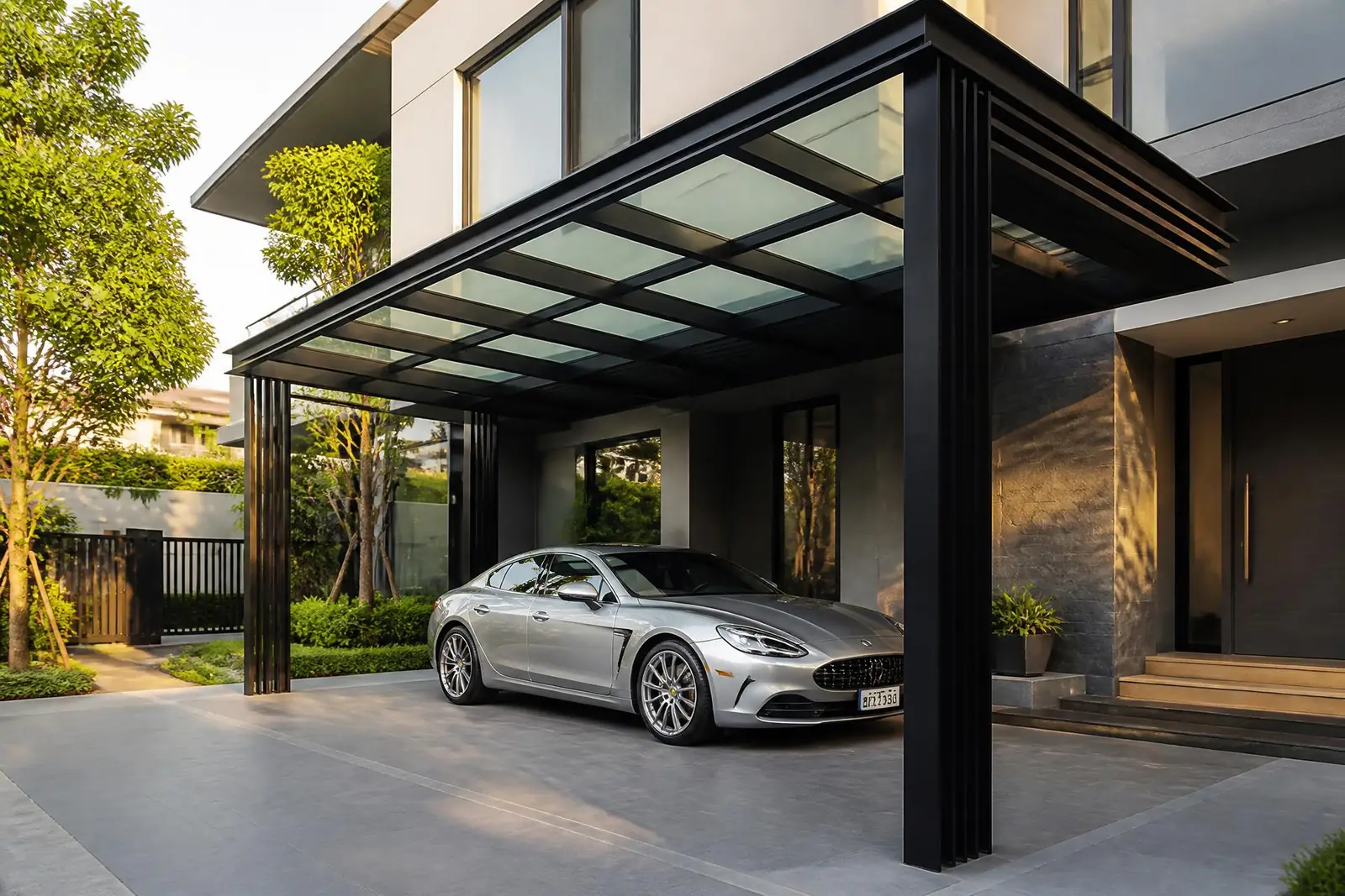 Steel and glass carport roof on a contemporary house